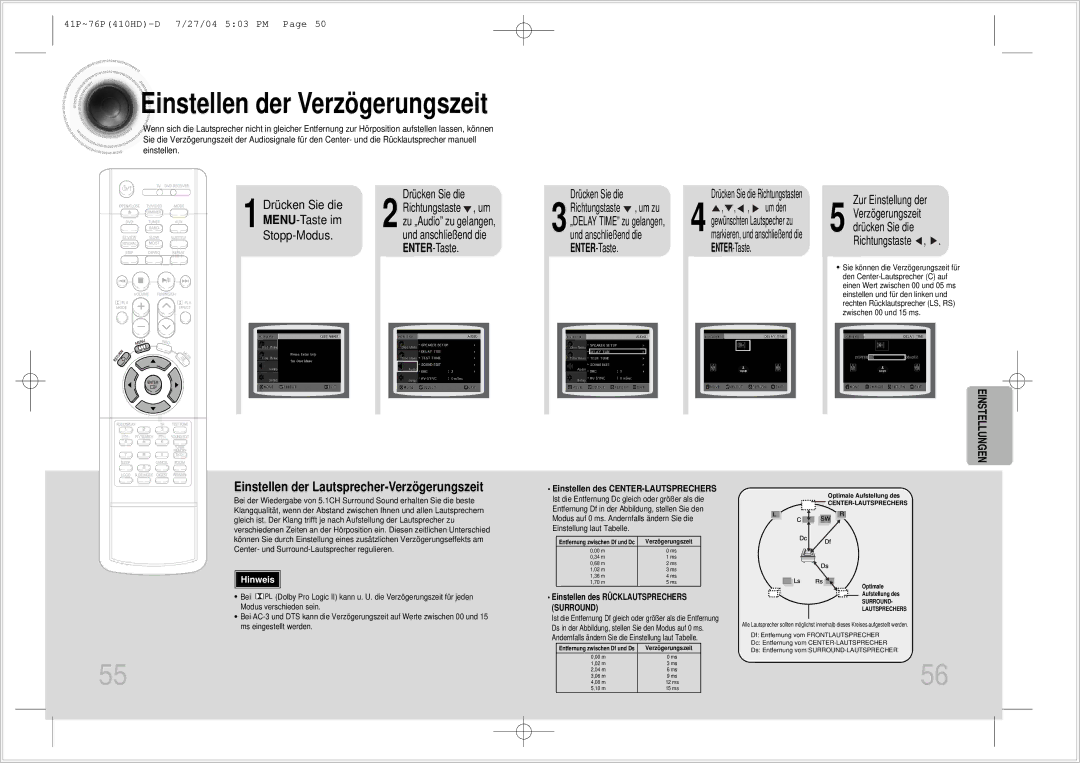 Samsung HT-410HDRH/ELS manual Einstellen der Lautsprecher-Verzögerungszeit, Einstellen des CENTER-LAUTSPRECHERS 