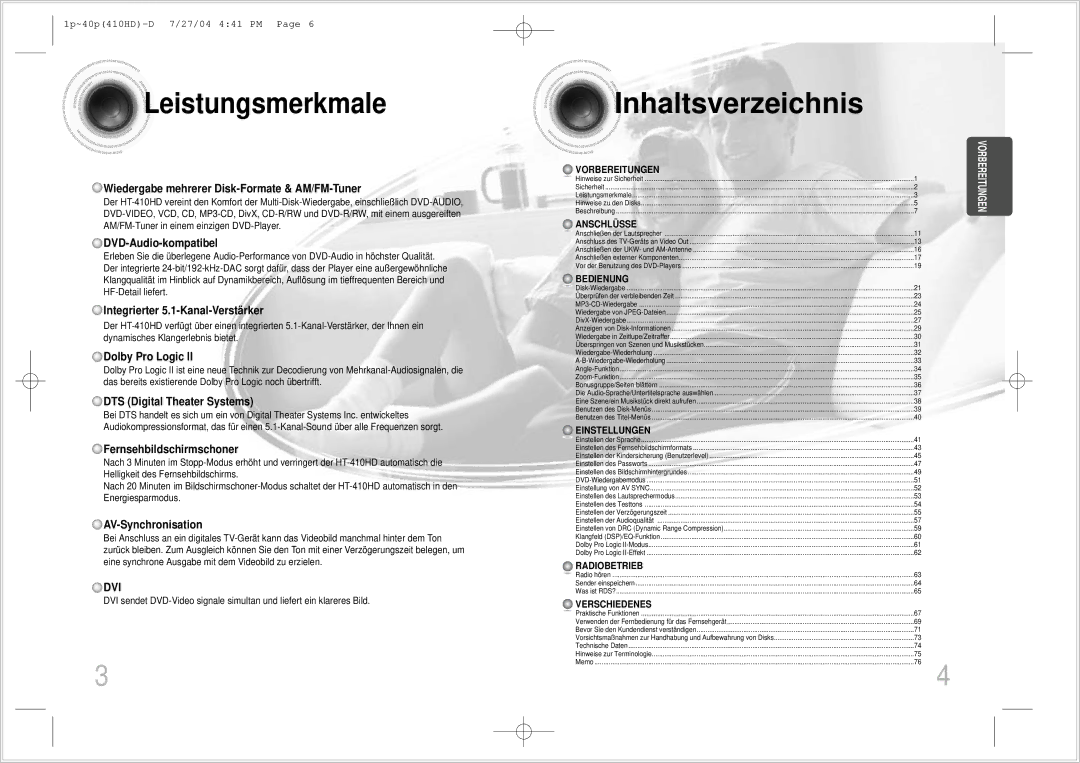 Samsung HT-410HDRH/ELS manual Leistungsmerkmale, Wiedergabe mehrerer Disk-Formate & AM/FM-Tuner 