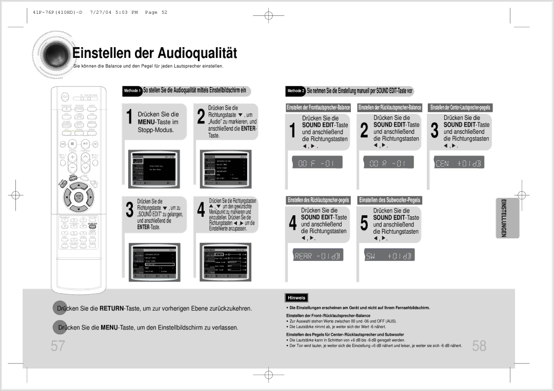 Samsung HT-410HDRH/ELS Drücken Sie die MENU-Taste im Stopp-Modus, Sound EDIT-Taste und anschließend die Richtungstasten 