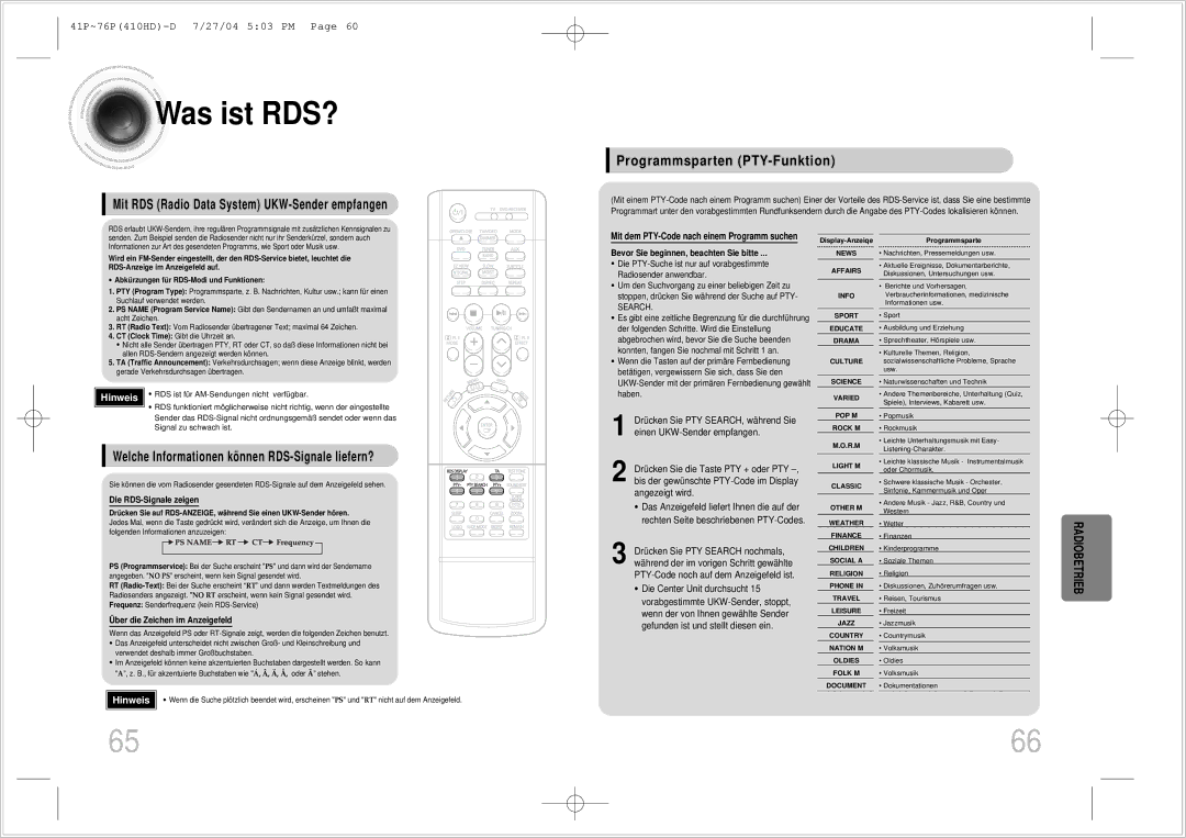 Samsung HT-410HDRH/ELS manual Was ist RDS?, Programmsparten PTY-Funktion, Mit RDS Radio Data System UKW-Sender empfangen 