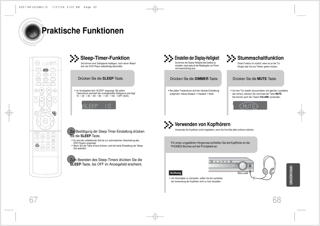 Samsung HT-410HDRH/ELS manual Praktische Funktionen, Drücken Sie die SLEEP-Taste, Drücken Sie die DIMMER-Taste 