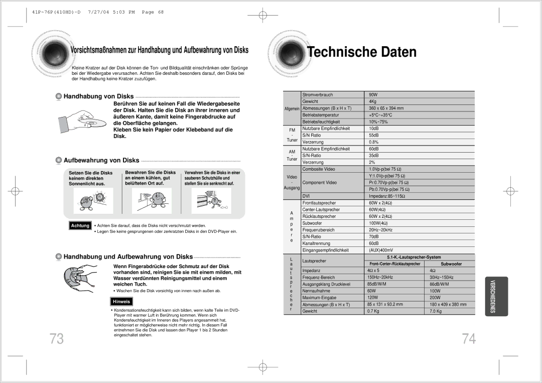 Samsung HT-410HDRH/ELS manual Technische Daten, Handhabung von Disks, Aufbewahrung von Disks 