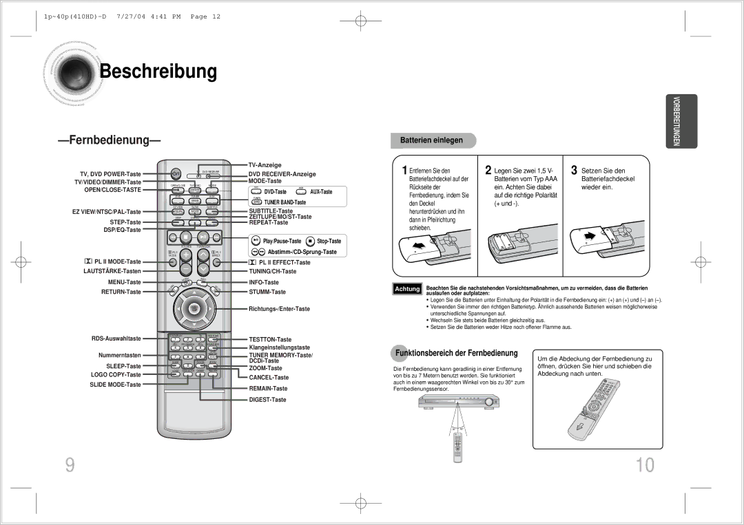 Samsung HT-410HDRH/ELS Legen Sie zwei 1,5, Setzen Sie den, Funktionsbereich der Fernbedienung, Abstimm-/CD-Sprung-Taste 