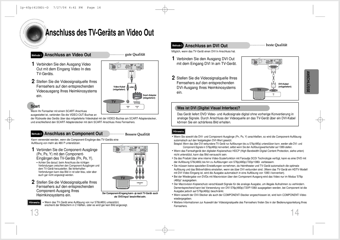 Samsung HT-410HDRH/ELS manual Methode 1 Anschluss an Video Out, Videoausgang Ihres Heimkinosystems, Ein, Scart 