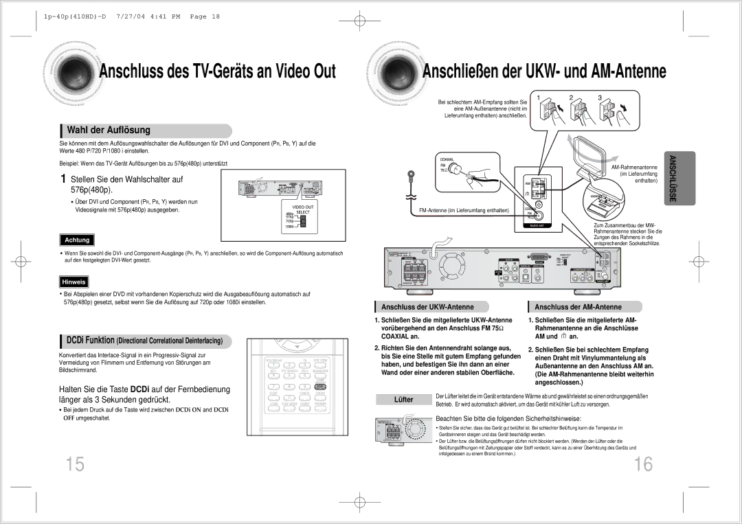 Samsung HT-410HDRH/ELS manual Wahl der Auflösung, Stellen Sie den Wahlschalter auf 576p480p, Länger als 3 Sekunden gedrückt 