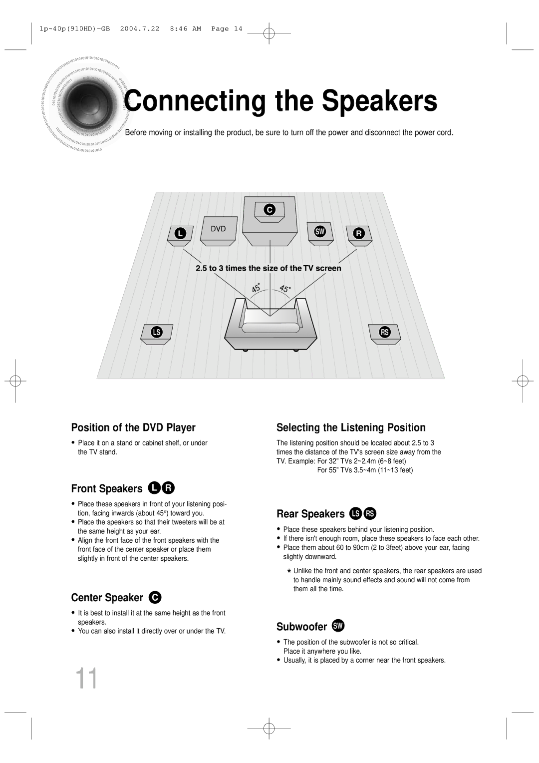 Samsung HT-910HDRH/EDC, HT-910HDRH/XFO manual Connecting the Speakers, Position of the DVD Player 