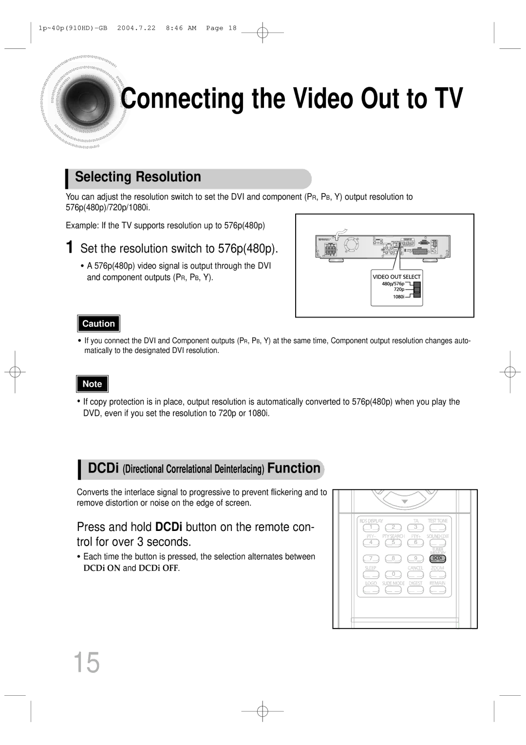 Samsung HT-910HDRH/EDC, HT-910HDRH/XFO manual Connecting the Video Out to TV, Set the resolution switch to 576p480p 