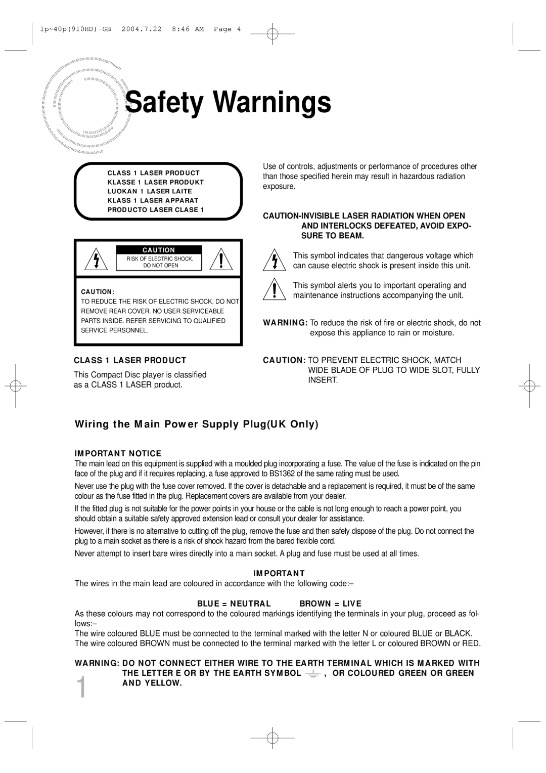 Samsung HT-910HDRH/EDC, HT-910HDRH/XFO manual Safety Warnings, Class 1 Laser Product 