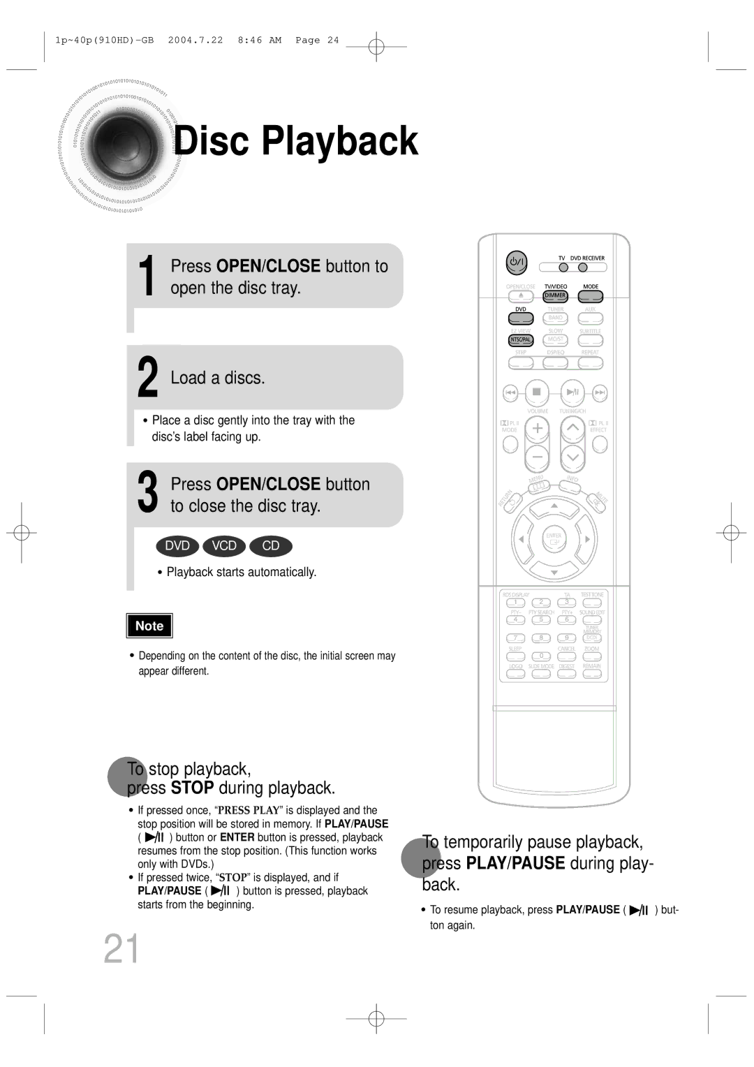 Samsung HT-910HDRH/EDC, HT-910HDRH/XFO manual Disc Playback, Press OPEN/CLOSE button to open the disc tray, Load a discs 