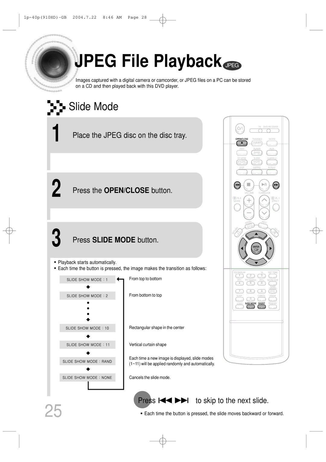 Samsung HT-910HDRH/EDC, HT-910HDRH/XFO manual Jpeg File Playback Jpeg, Press Slide Mode button, To skip to the next slide 