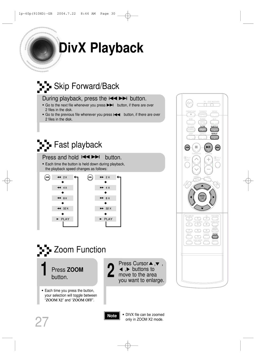 Samsung HT-910HDRH/EDC, HT-910HDRH/XFO manual DivX Playback, Button, Playback, press, Press Zoom button 