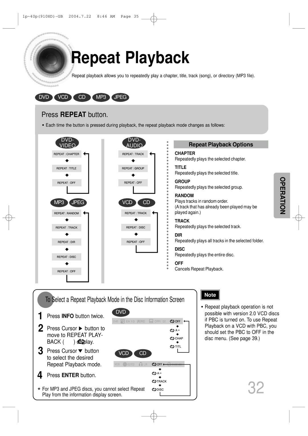 Samsung HT-910HDRH/XFO, HT-910HDRH/EDC manual Repeat Playback, Press Repeat button 