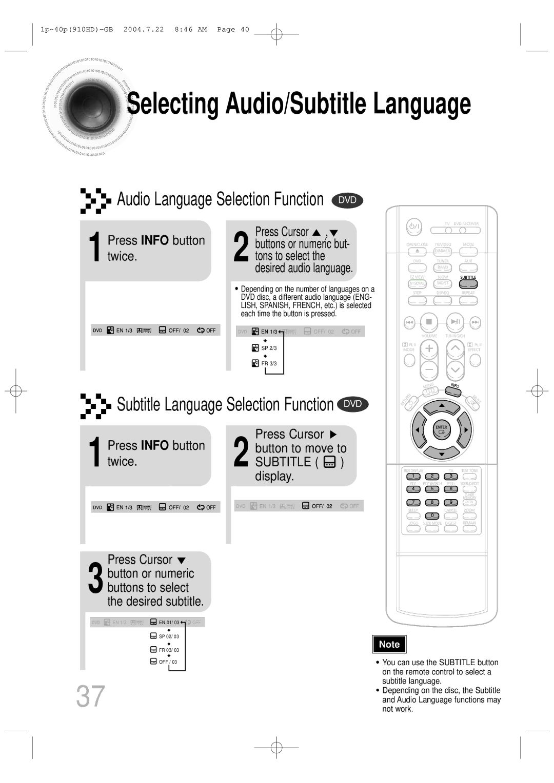 Samsung HT-910HDRH/EDC manual 1Press Info button twice, Desired audio language, Buttons to select the desired subtitle 