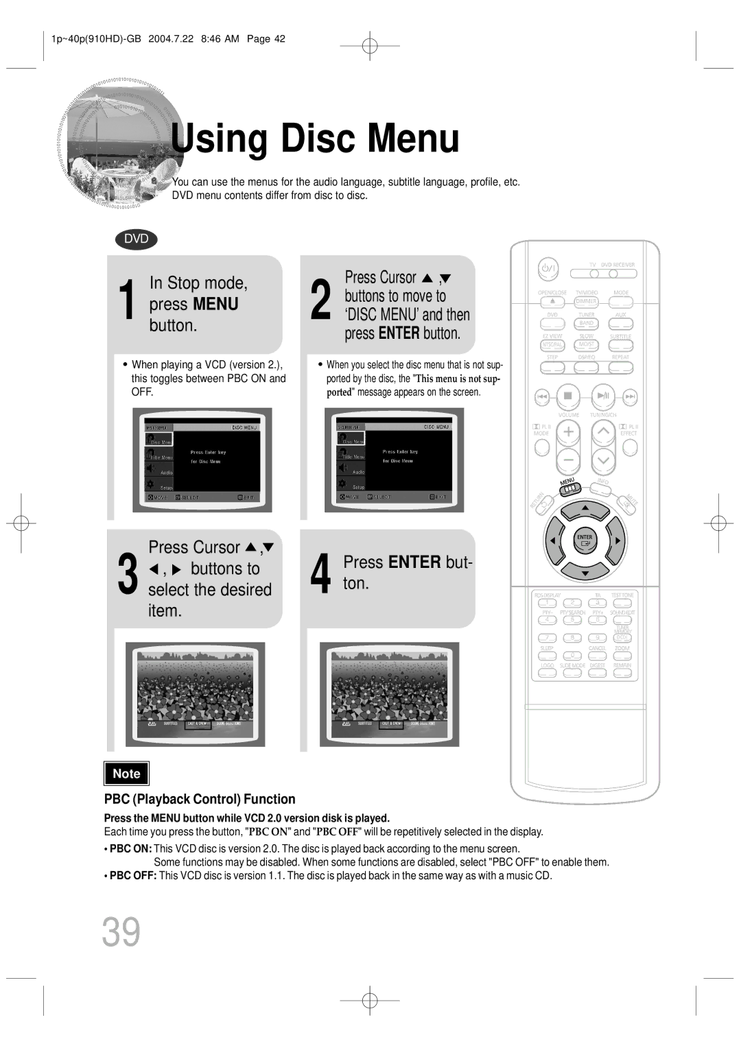 Samsung HT-910HDRH/EDC, HT-910HDRH/XFO manual Using Disc Menu, Stop mode, Press Cursor, Buttons to, Select the desired 