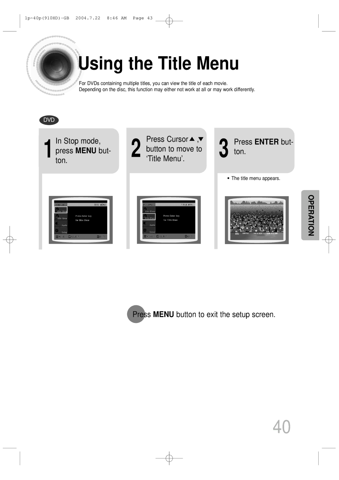 Samsung HT-910HDRH/XFO, HT-910HDRH/EDC manual Using the Title Menu, Press Enter but, Button to move to Ton ‘Title Menu’ 