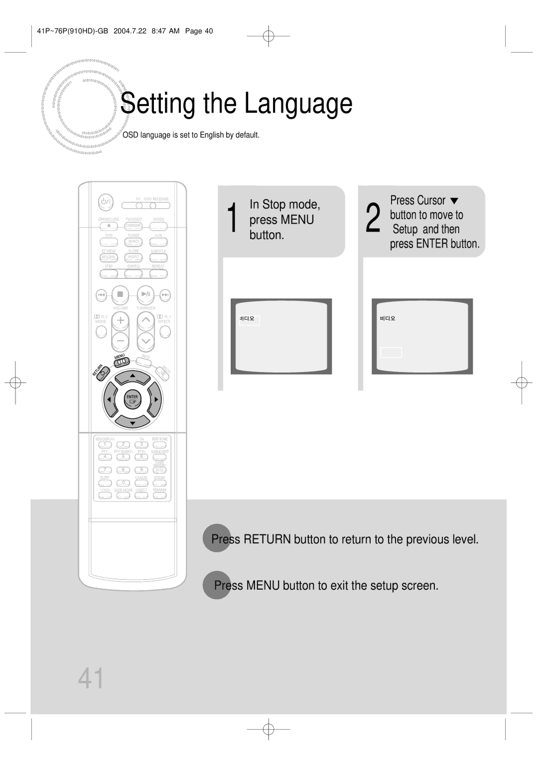 Samsung HT-910HDRH/EDC manual Setting the Language, Stop mode Press Cursor, Press Menu, Button to move to, ‘Setup’ and then 