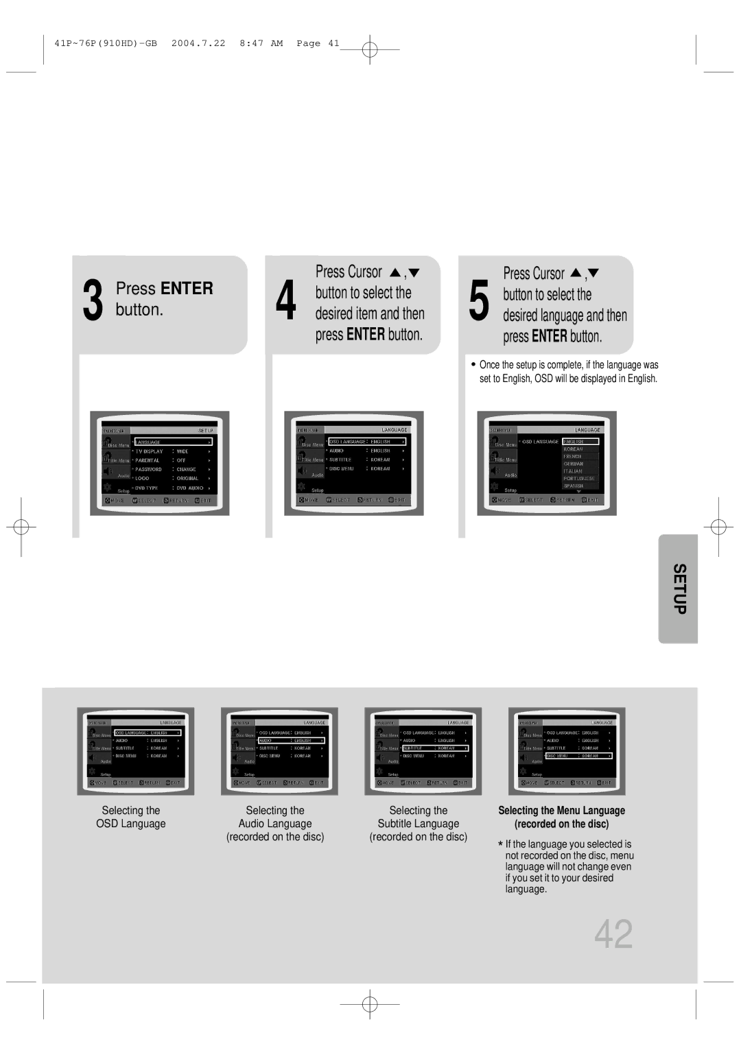 Samsung HT-910HDRH/XFO manual Press Enter Press Cursor, Button to select, Desired item and then, Press Enter button 