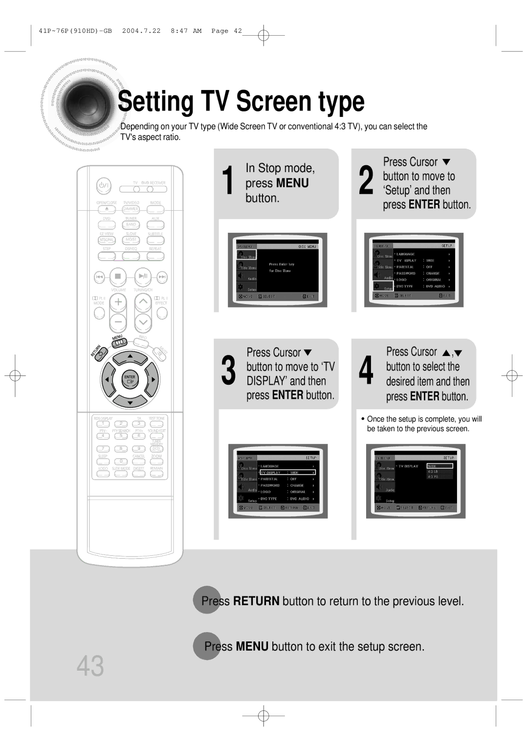 Samsung HT-910HDRH/EDC, HT-910HDRH/XFO manual Setting TV Screen type, Press Enter button 