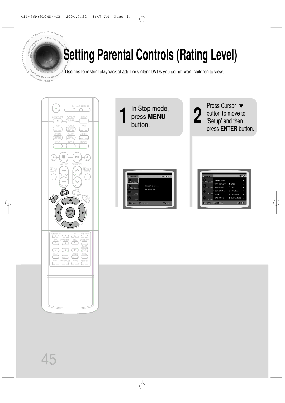 Samsung HT-910HDRH/EDC, HT-910HDRH/XFO manual Setting Parental Controls Rating Level 