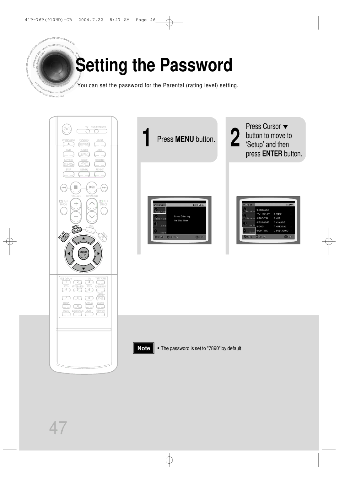 Samsung HT-910HDRH/EDC, HT-910HDRH/XFO manual Setting the Password, Press Cursor Button to move to Press Menu button 