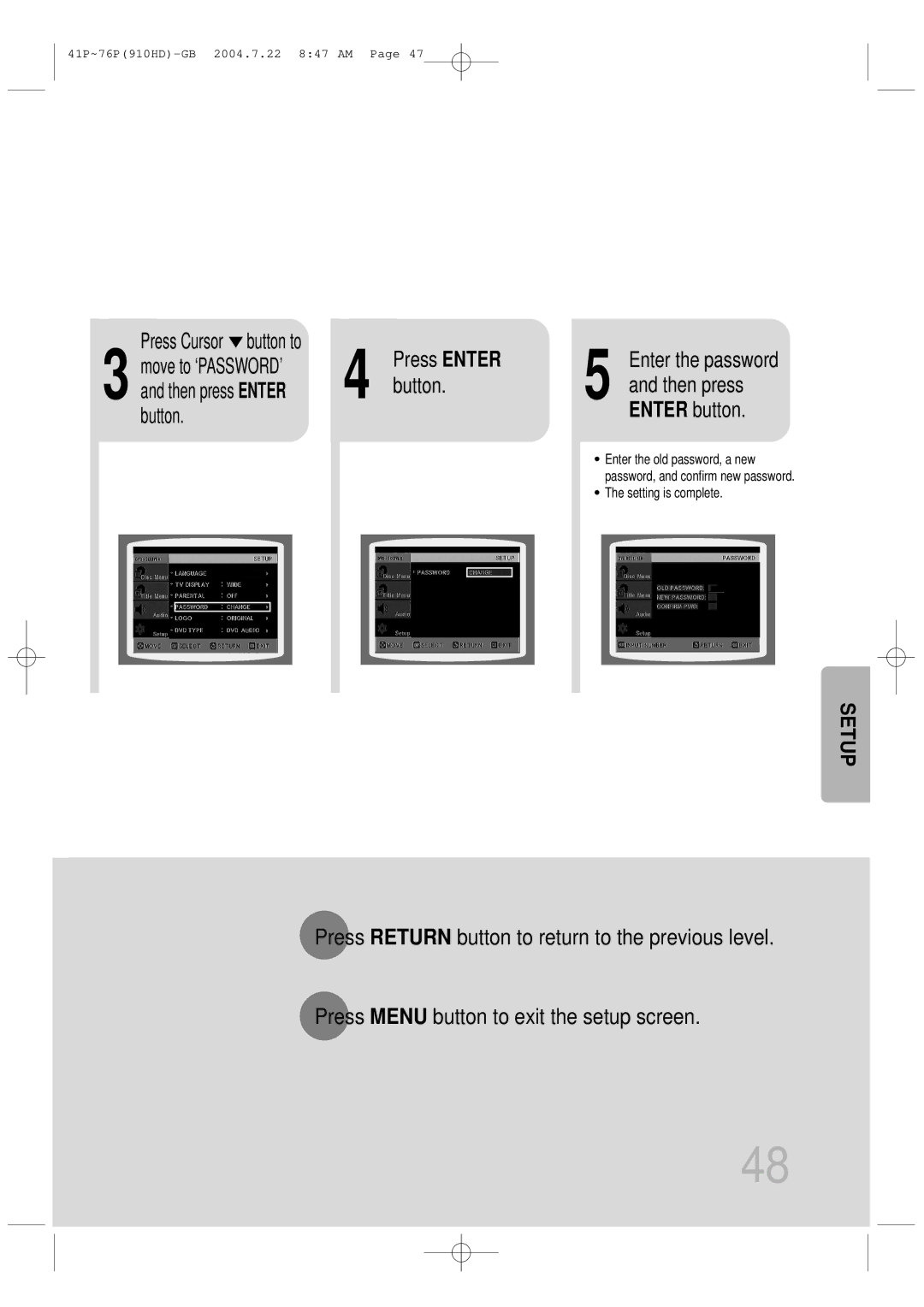 Samsung HT-910HDRH/XFO, HT-910HDRH/EDC manual Button Enter button, Press Cursor button to, Move to ‘PASSWORD’ 