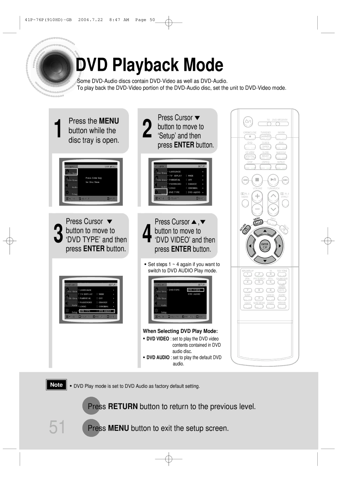 Samsung HT-910HDRH/EDC manual DVD Playback Mode, Press the Menu, Press Return button to return to the previous level 
