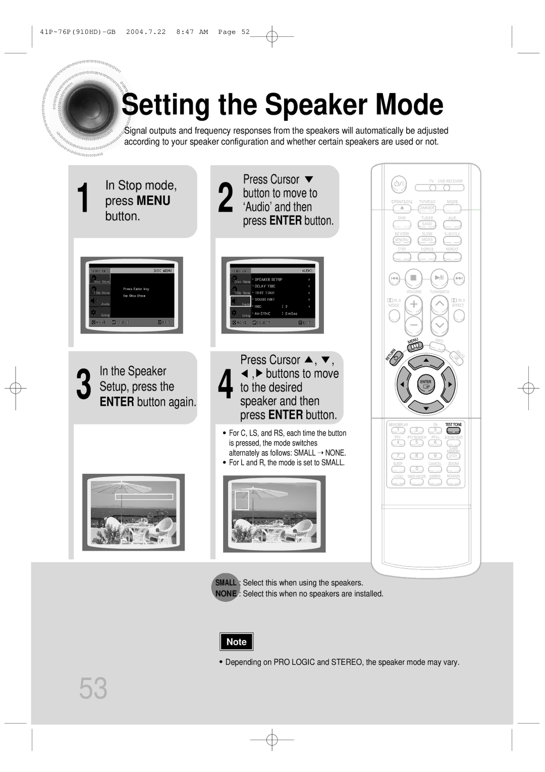 Samsung HT-910HDRH/EDC Setting the Speaker Mode, Stop mode Press Menu Button Speaker, Press Cursor , , , buttons to move 