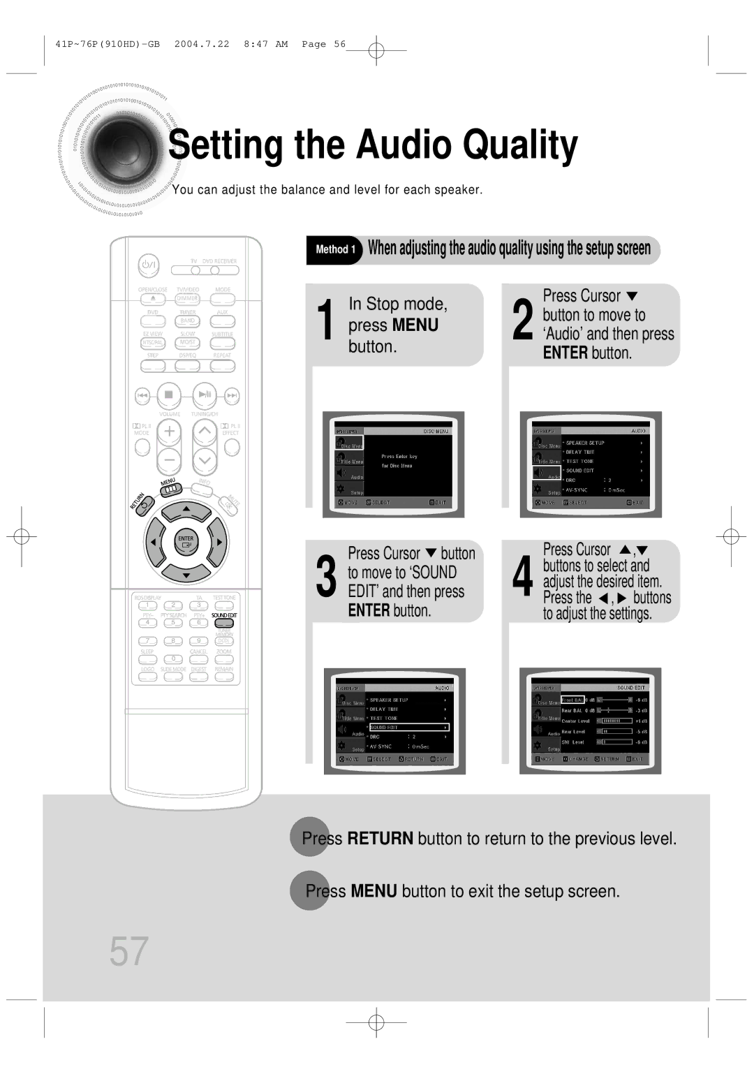 Samsung HT-910HDRH/EDC, HT-910HDRH/XFO manual Setting the Audio Quality, Button Enter button Press Cursor button 