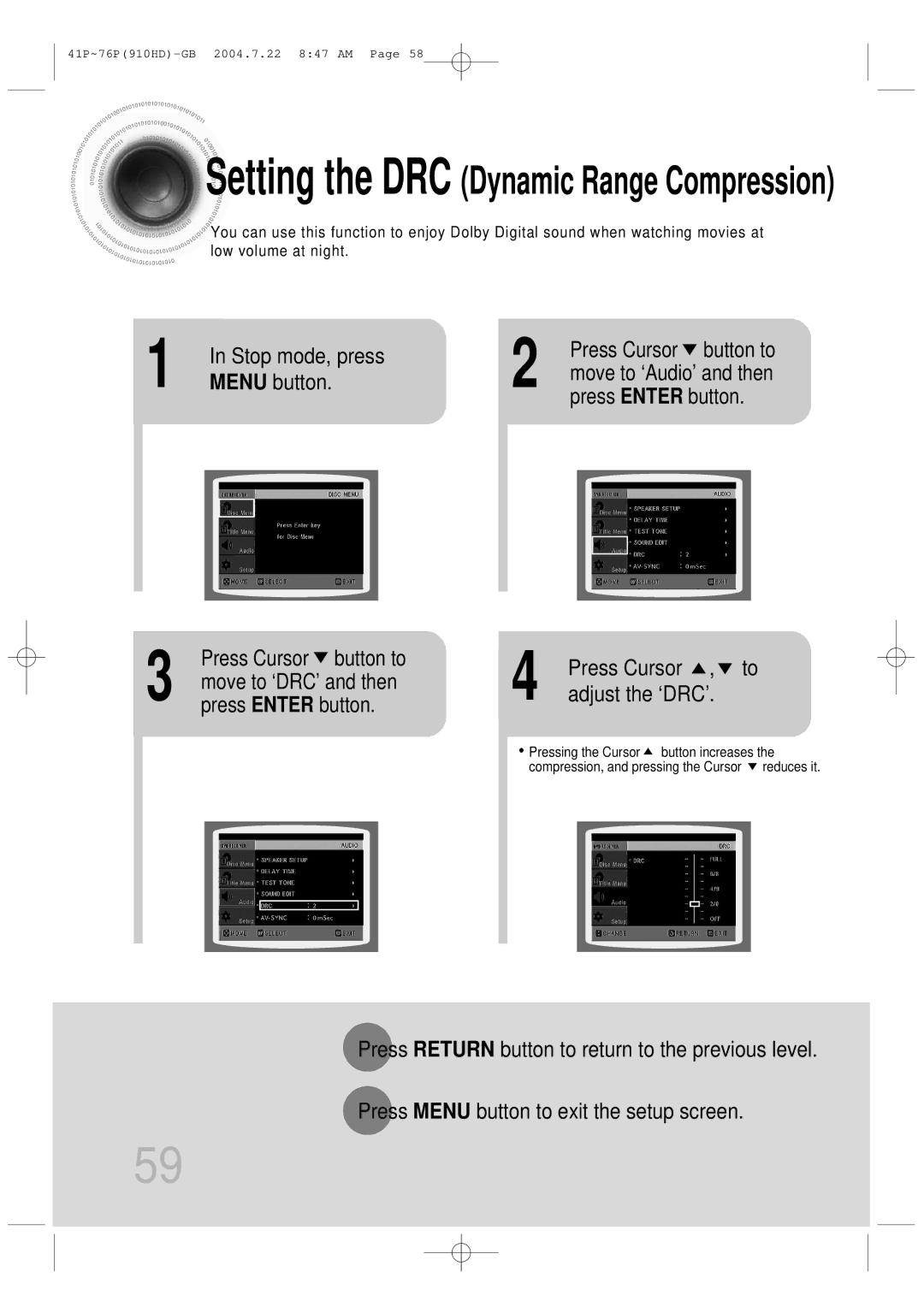 Samsung HT-910HDRH/EDC manual Stop mode, press, Menu button, Press Cursor Adjust the ‘DRC’, Press Cursor button to 