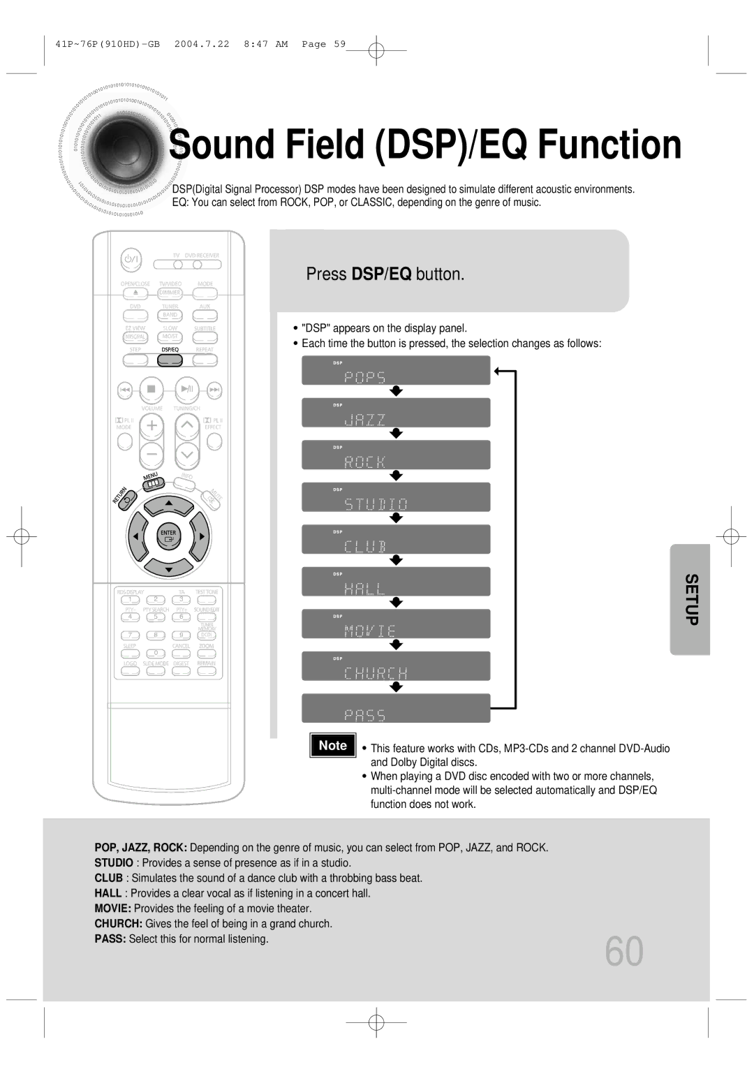 Samsung HT-910HDRH/XFO, HT-910HDRH/EDC manual Sound Field DSP/EQ Function, Press DSP/EQ button 