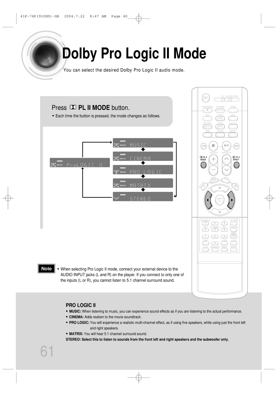 Samsung HT-910HDRH/EDC, HT-910HDRH/XFO manual Dolby Pro Logic II Mode, Press PL II Mode button 