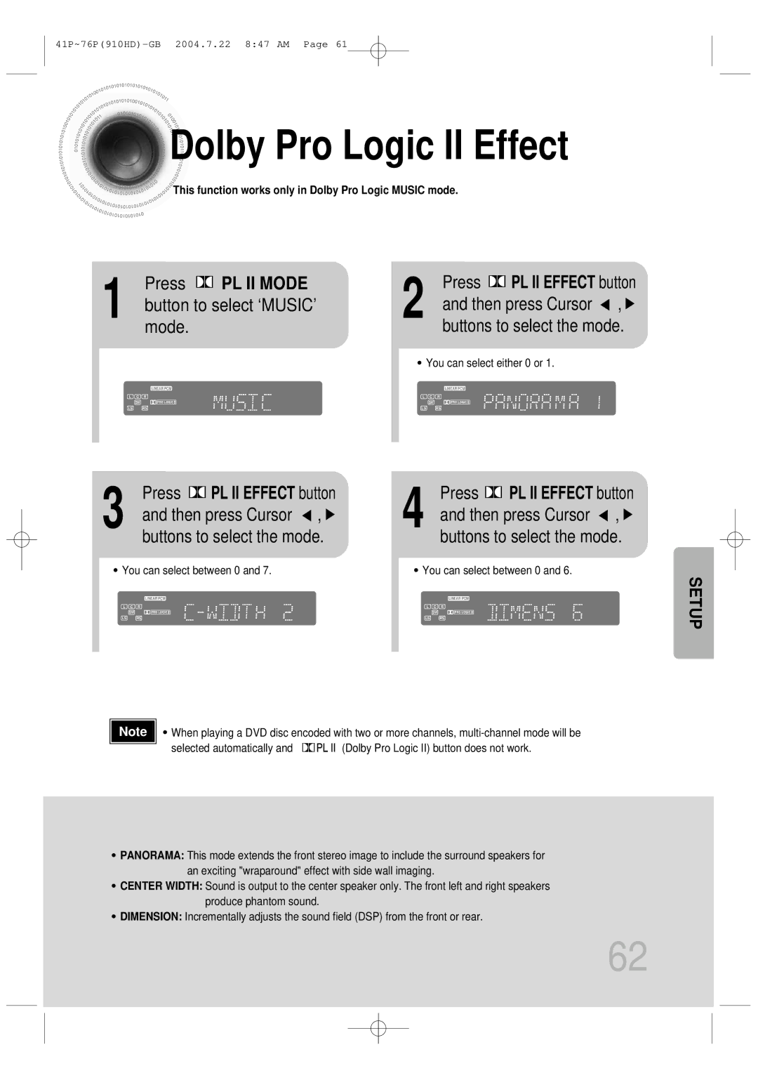 Samsung HT-910HDRH/XFO, HT-910HDRH/EDC manual Dolby Pro Logic II Effect, Press PL II Mode, Button to select ‘MUSIC’ mode 