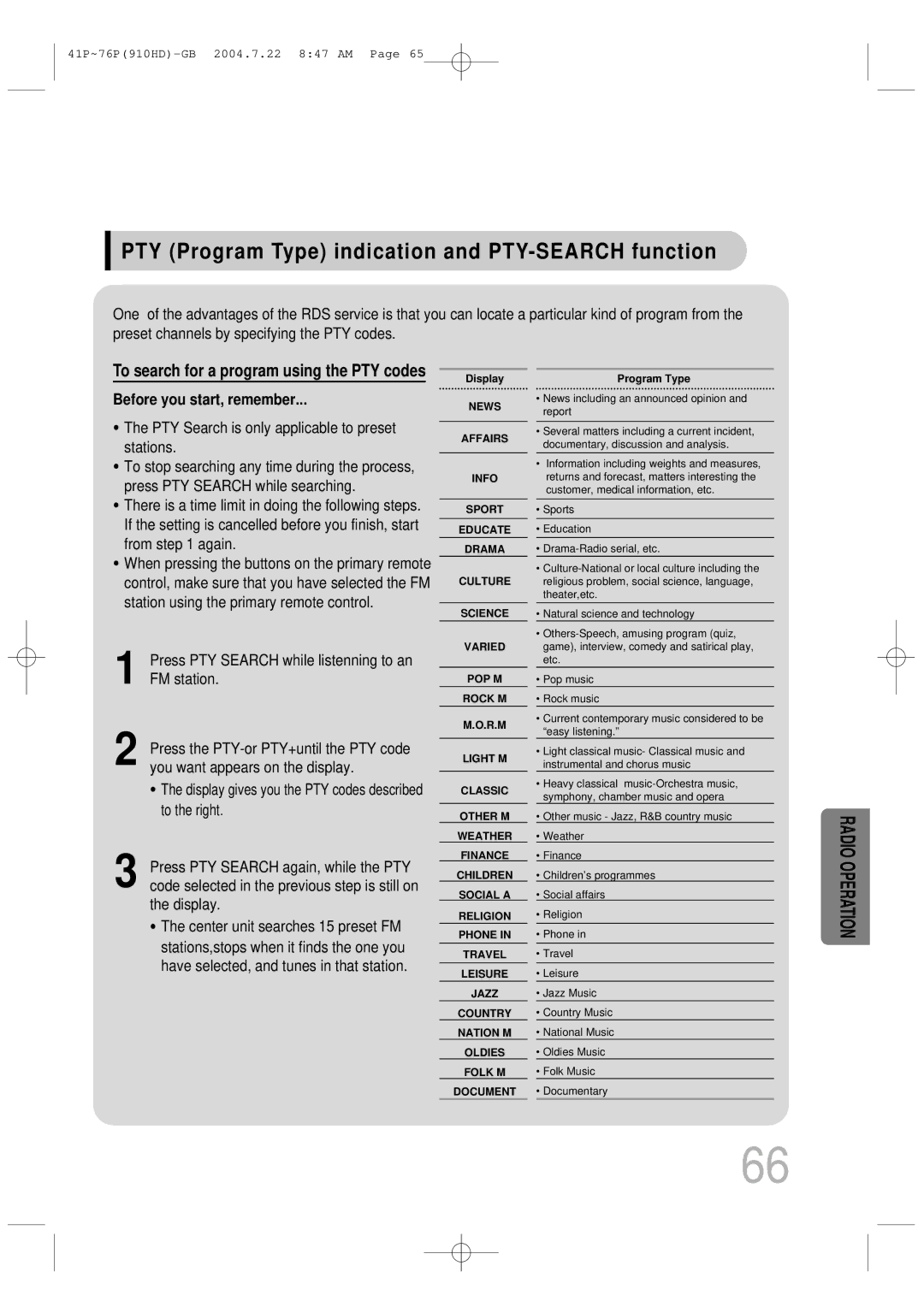 Samsung HT-910HDRH/XFO, HT-910HDRH/EDC PTY Program Type indication and PTY-SEARCH function, Before you start, remember 