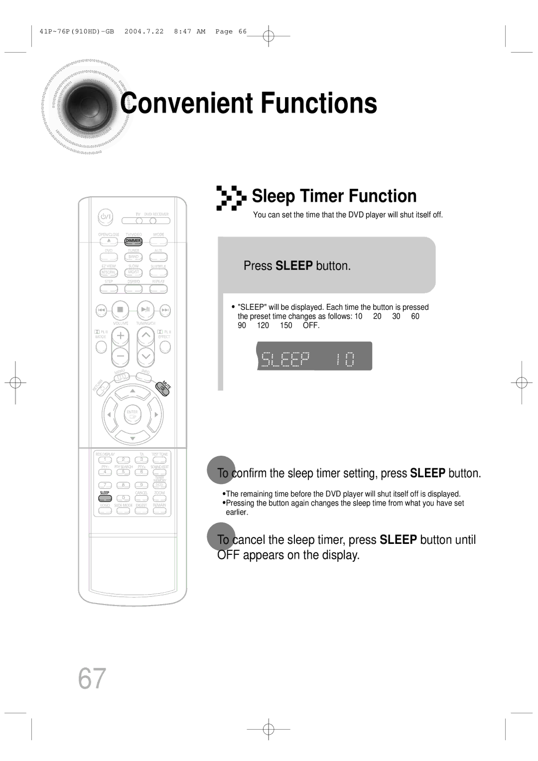 Samsung HT-910HDRH/EDC Convenient Functions, Press Sleep button, To confirm the sleep timer setting, press Sleep button 