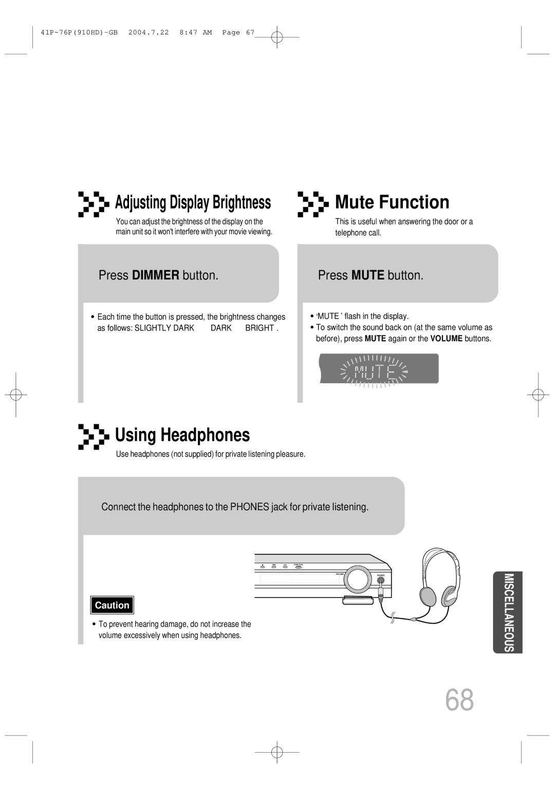 Samsung HT-910HDRH/XFO, HT-910HDRH/EDC manual Press Dimmer button, Press Mute button 