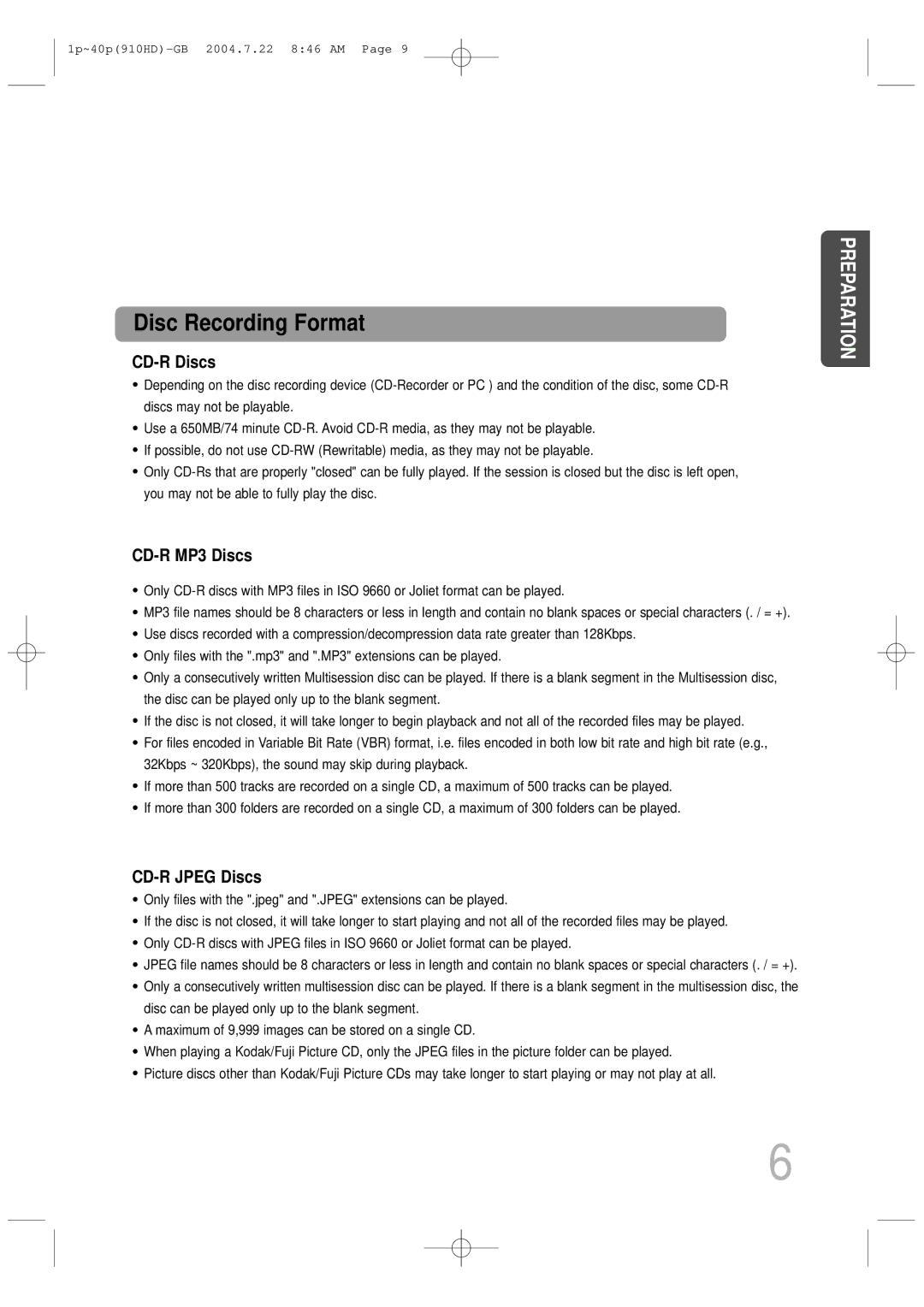 Samsung HT-910HDRH/XFO, HT-910HDRH/EDC manual Disc Recording Format 