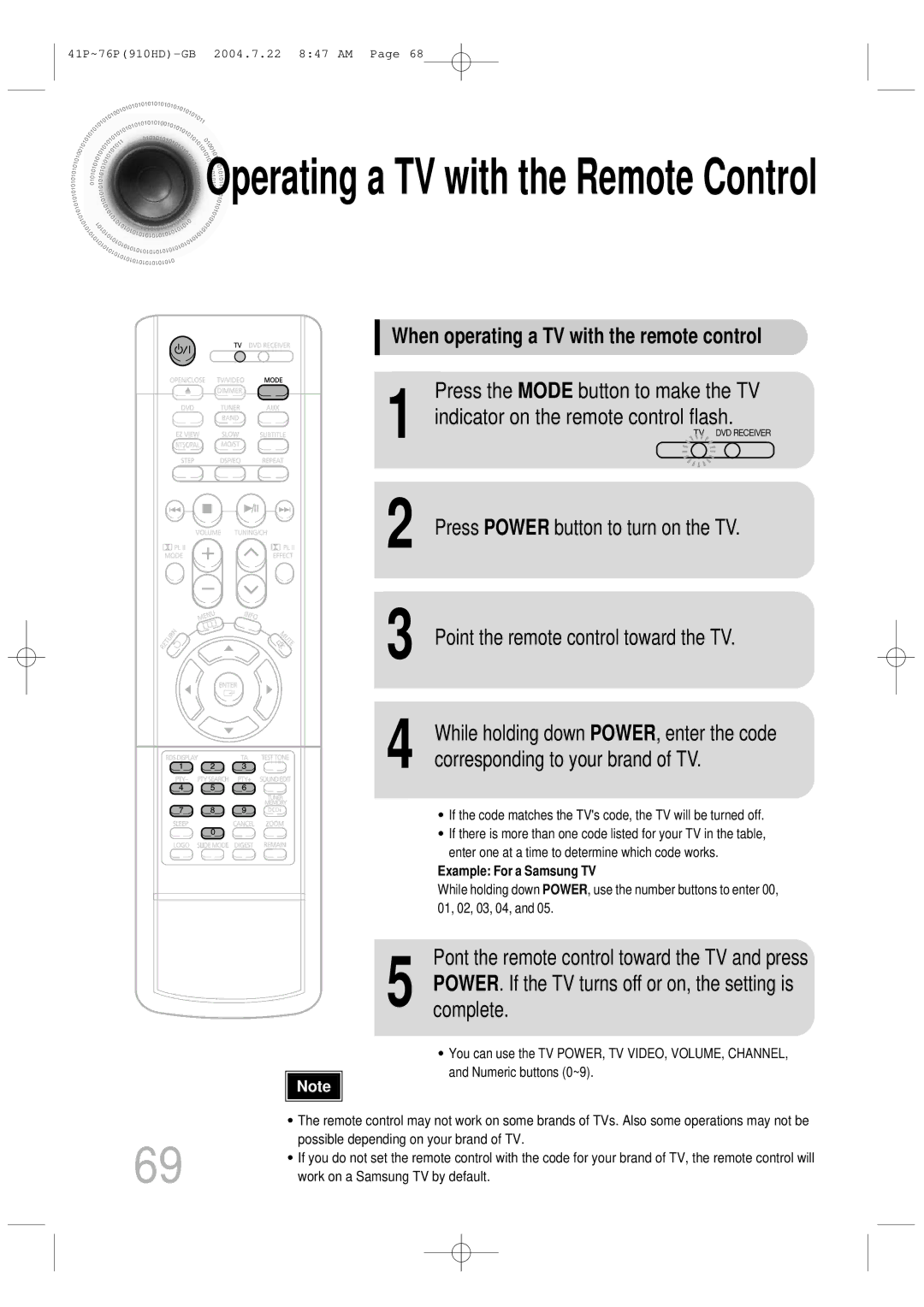 Samsung HT-910HDRH/EDC, HT-910HDRH/XFO When operating a TV with the remote control, Press the Mode button to make the TV 