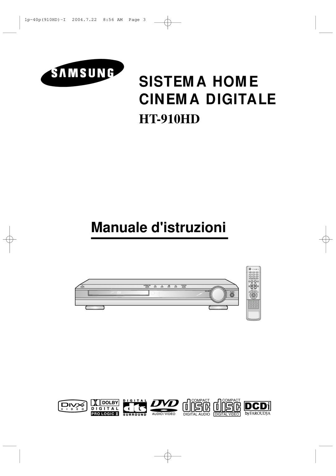 Samsung HT-910HDRH/XFO, HT-910HDRH/EDC manual Sistema Home Cinema Digitale 