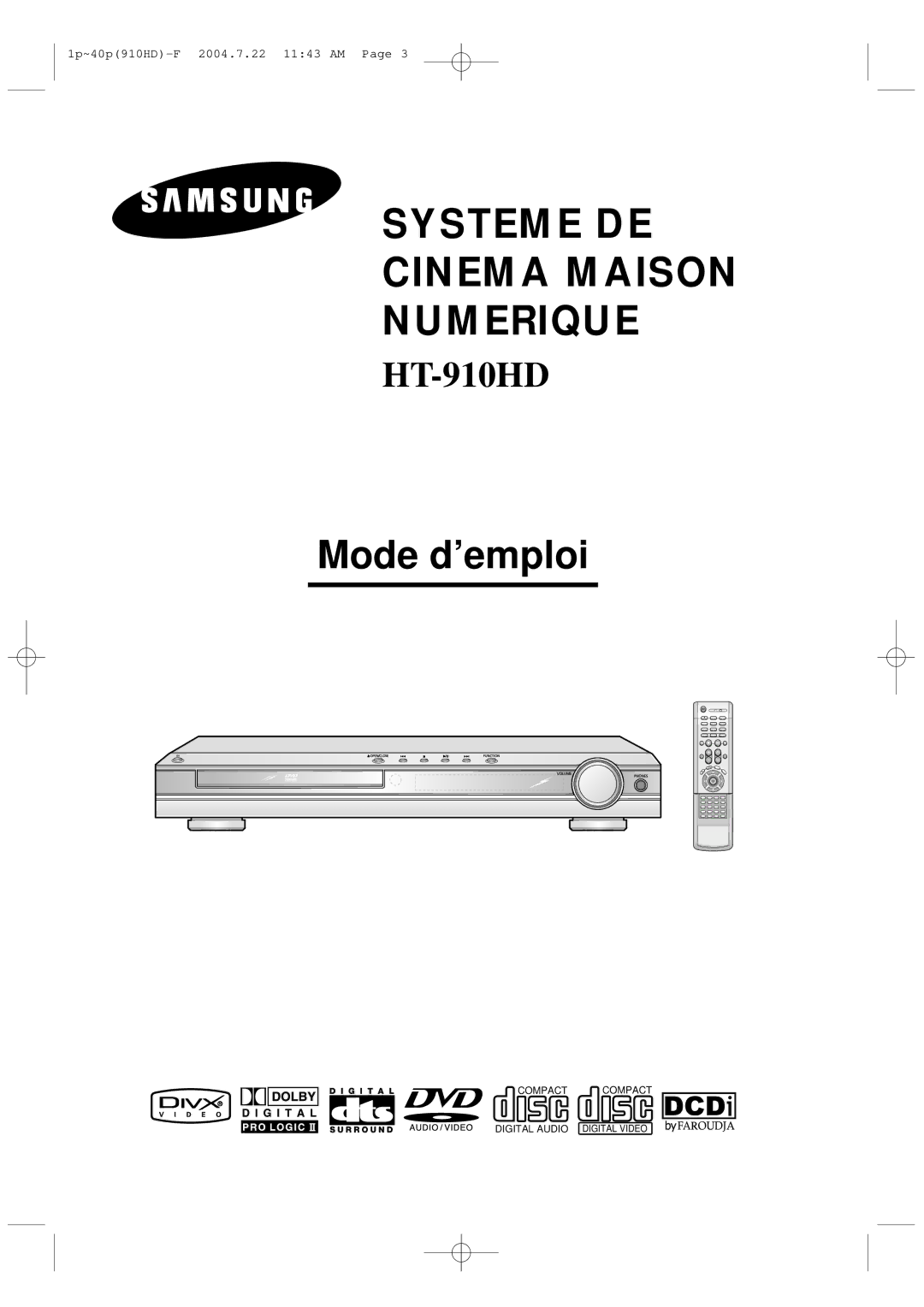 Samsung HT-910HDRH/EDC manual Systeme DE Cinema Maison Numerique 