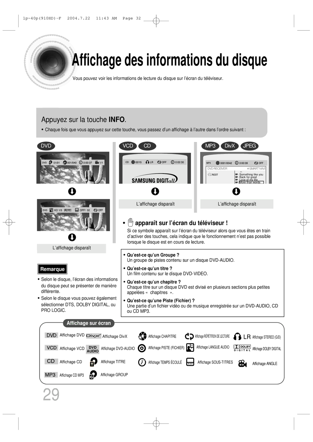 Samsung HT-910HDRH/EDC manual Appuyez sur la touche Info, Apparaît sur l’é cran du té lé viseur 