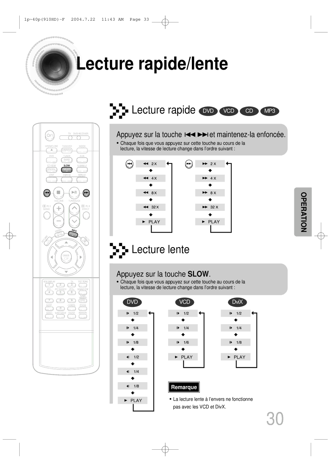 Samsung HT-910HDRH/EDC manual Lecture rapide/lente, Et maintenez-la enfoncée, Appuyez sur la touche Slow 