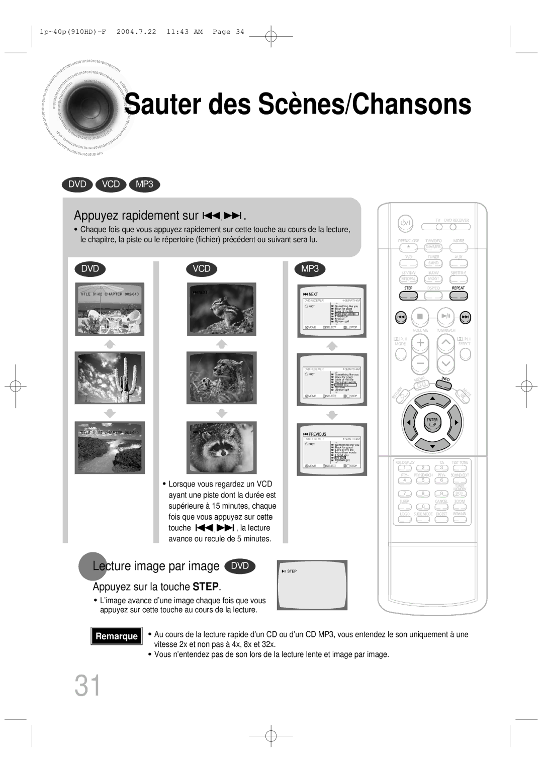 Samsung HT-910HDRH/EDC manual Sauter des Scènes/Chansons, Appuyez rapidement sur, Lecture image par image DVD 