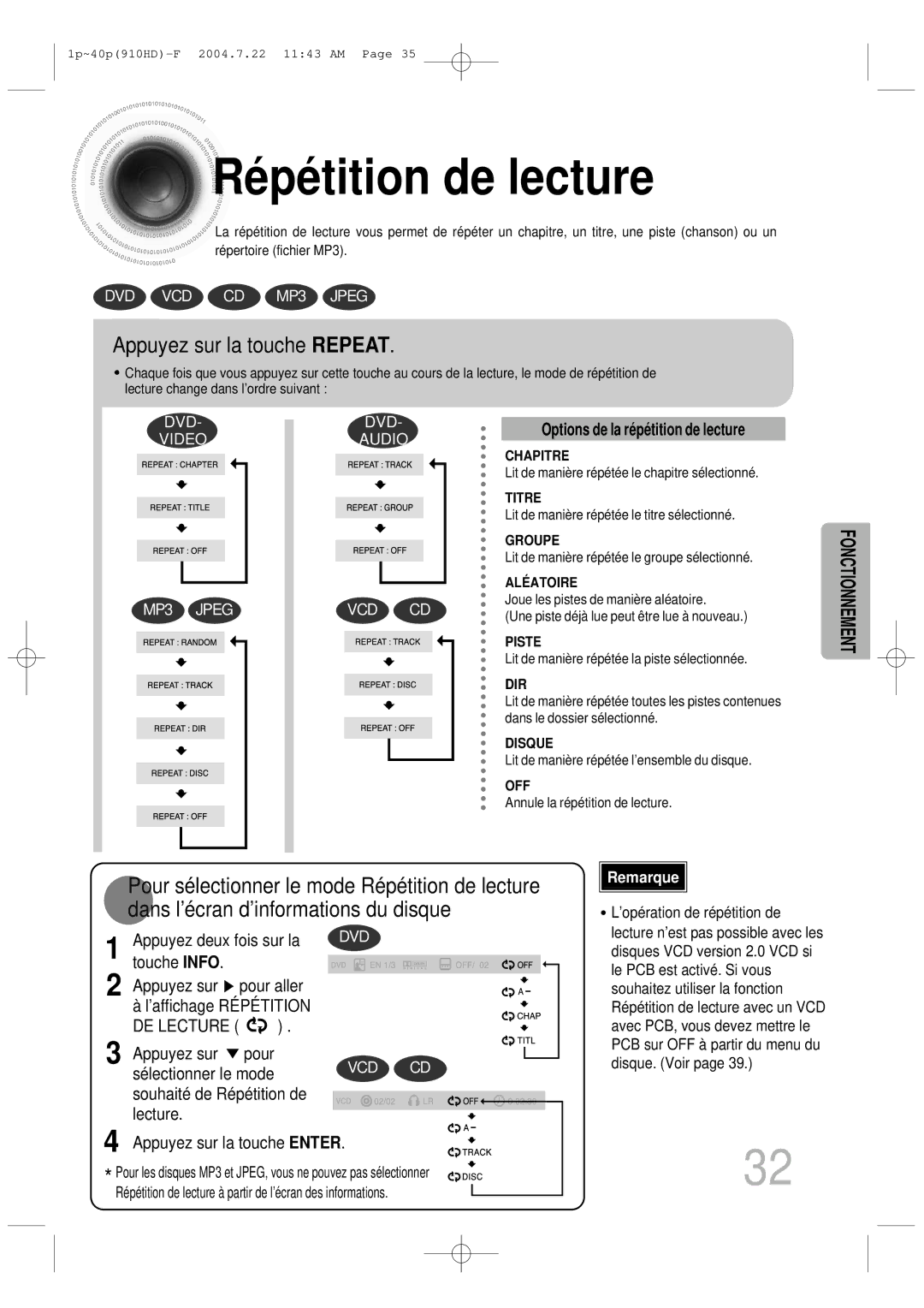 Samsung HT-910HDRH/EDC manual Ré pé tition de lecture, Appuyez sur la touche Repeat 