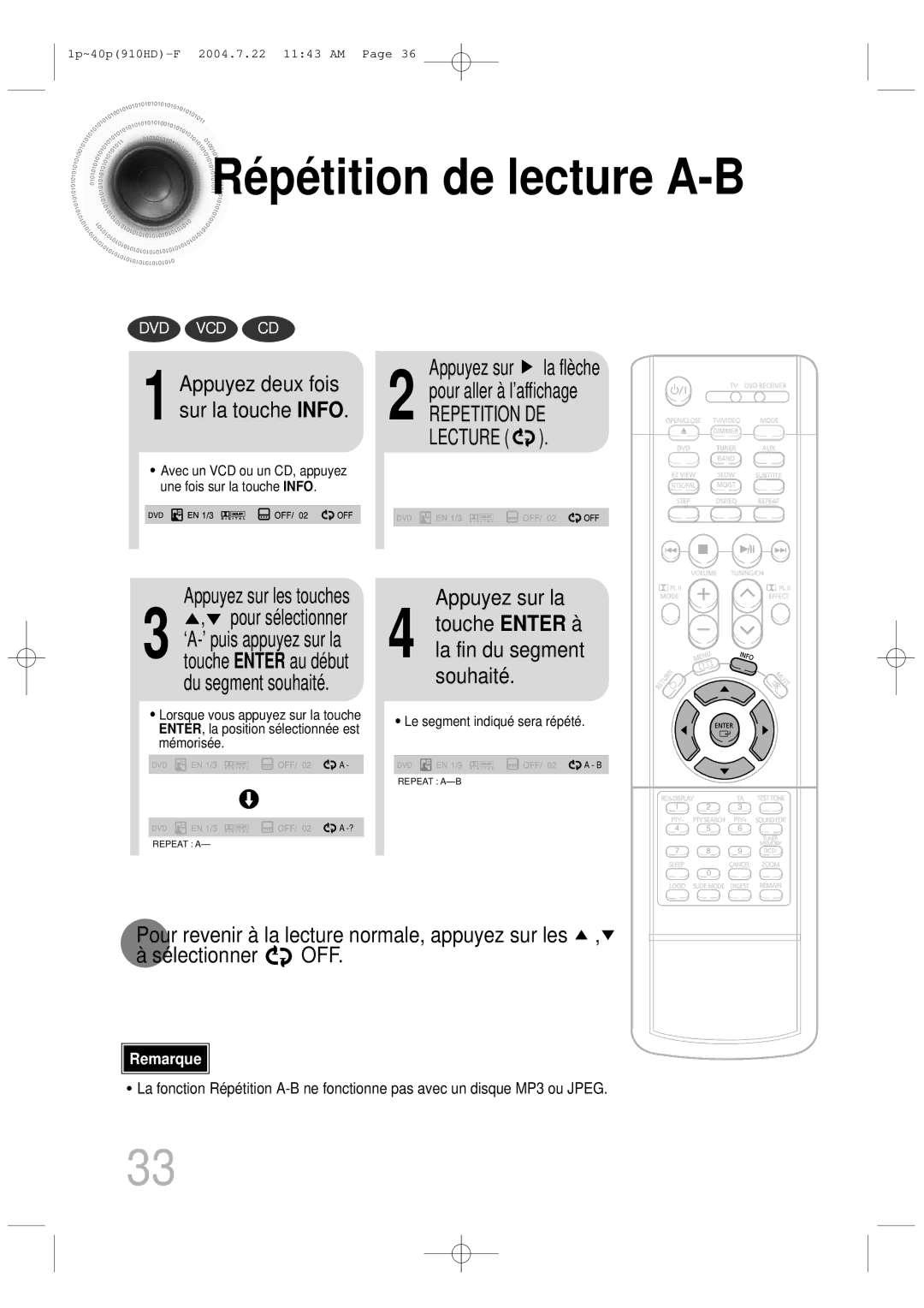 Samsung HT-910HDRH/EDC manual Ré pé tition de lecture A-B, Pour aller à l’affichage, Lecture, Appuyez sur la flèche 