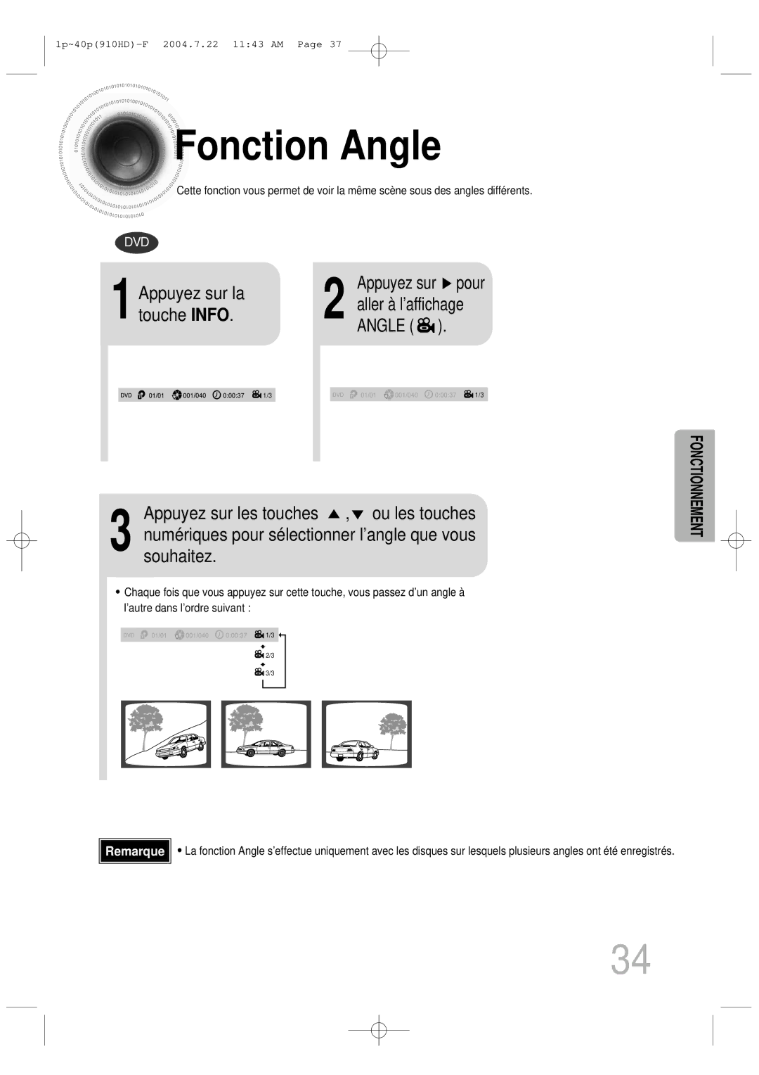 Samsung HT-910HDRH/EDC manual Fonction Angle, Touche Info, Aller à l’affichage 