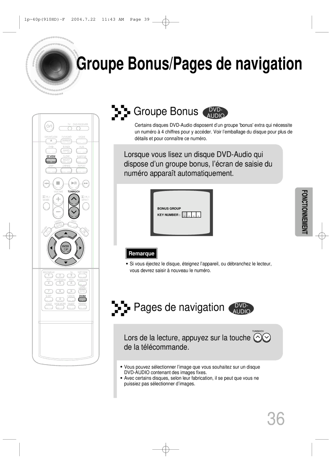 Samsung HT-910HDRH/EDC manual Groupe Bonus/Pages de navigation 