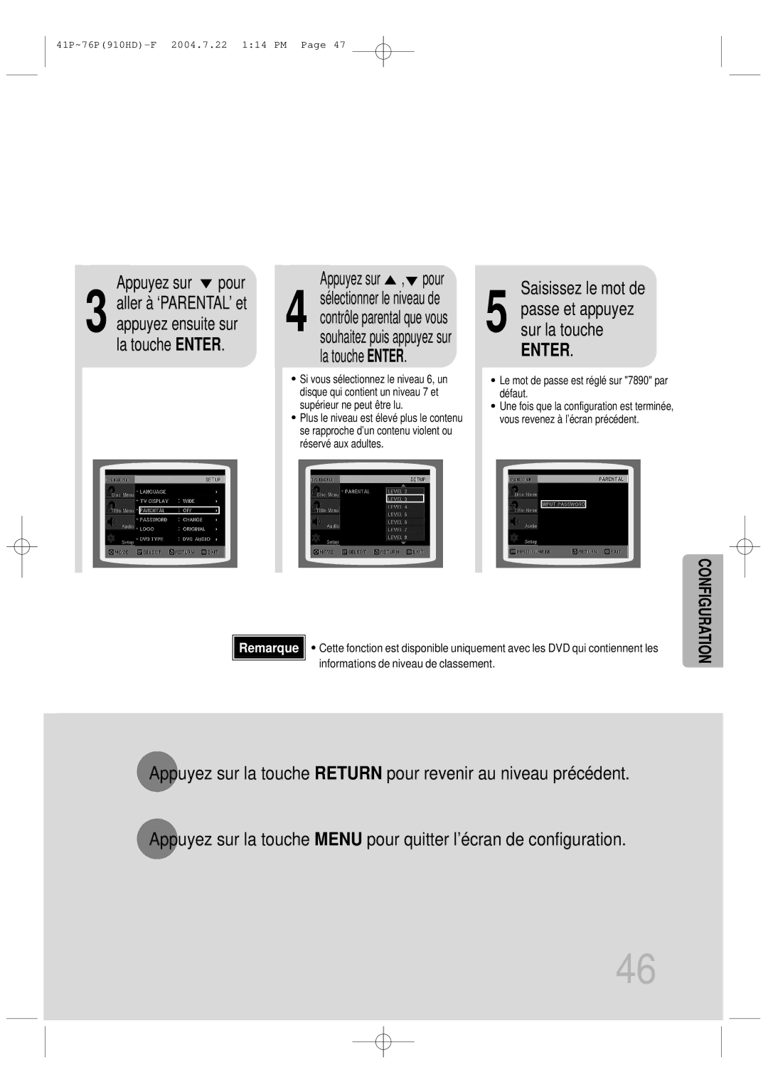 Samsung HT-910HDRH/EDC manual Saisissez le mot de, Appuyez sur , pour 