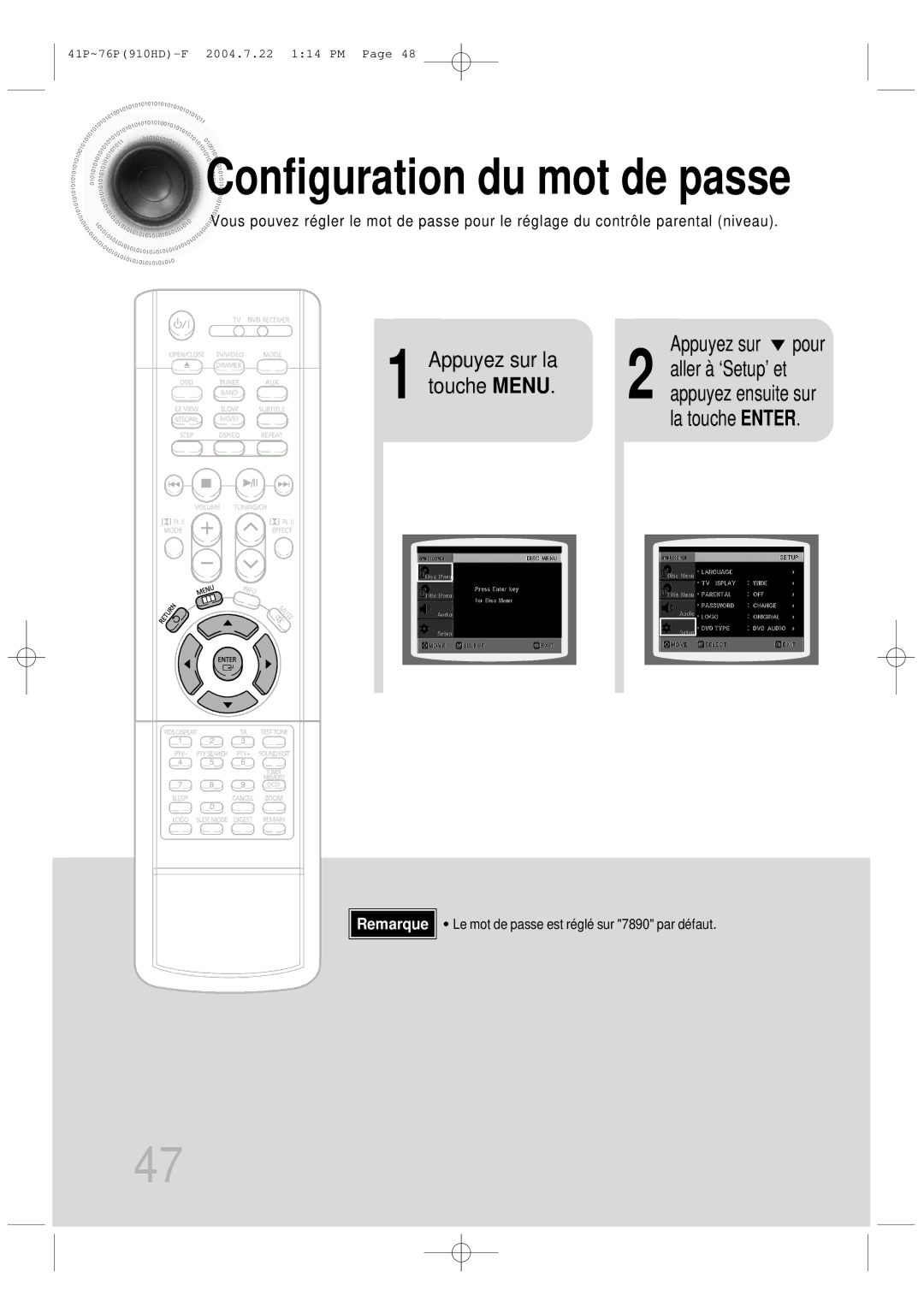 Samsung HT-910HDRH/EDC manual Configuration du mot de passe 