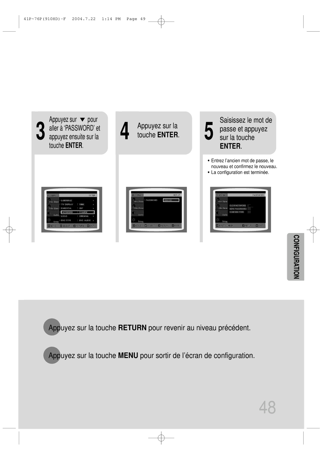 Samsung HT-910HDRH/EDC manual Pour, Touche Enter Saisissez le mot de, Appuyez sur, Aller à ‘PASSWORD’ et 