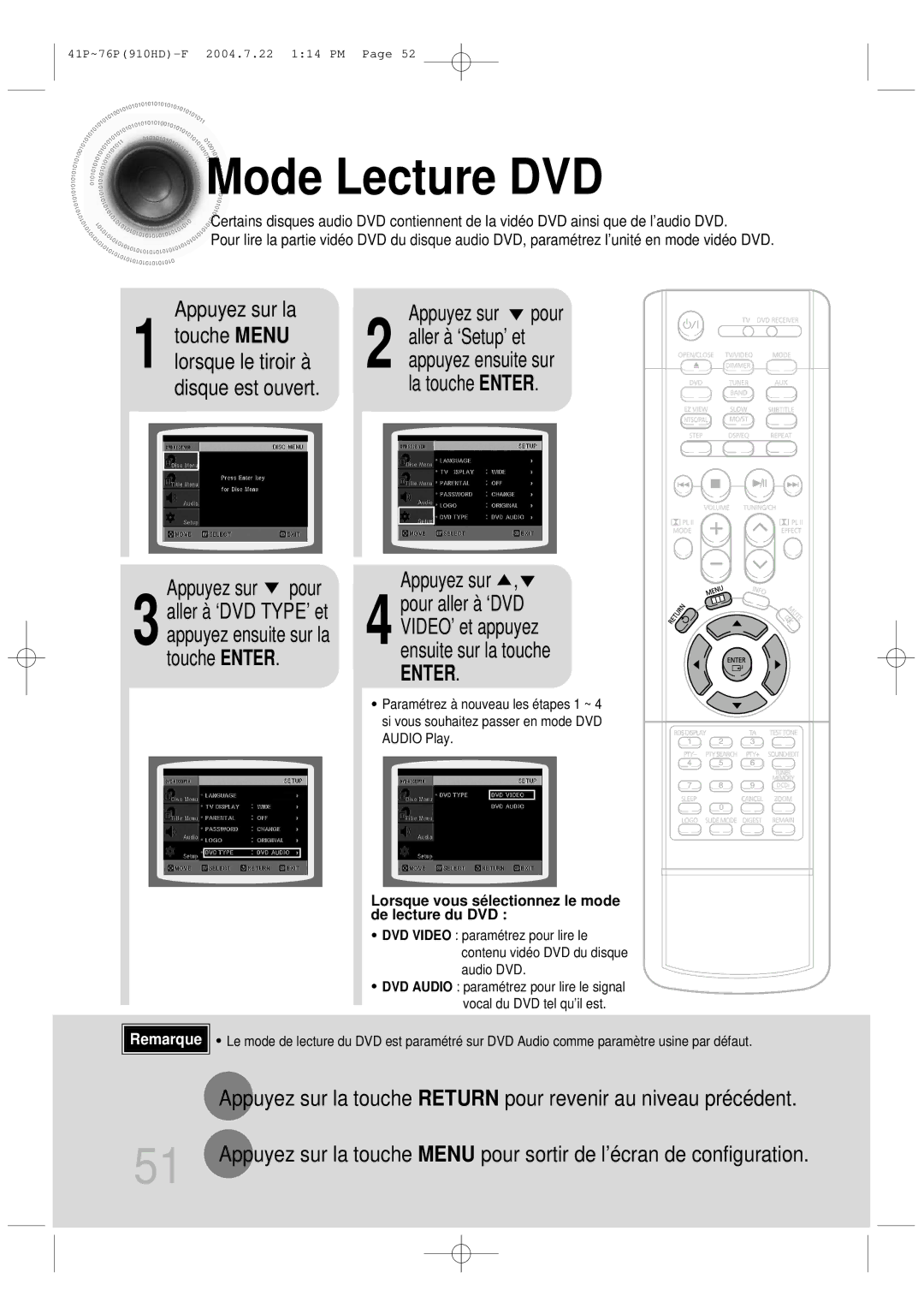 Samsung HT-910HDRH/EDC manual Mode Lecture DVD, Touche Menu, Lorsque le tiroir à 